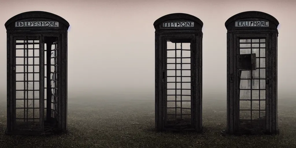 Image similar to an old abandoned and broken telephone booth at the edge of the universe at night, weird, haunted, misty, moody, sinister, ambient lighting, cinematic color grading, 8 k render, hyper realistic, realistic, unreal engine 5 render