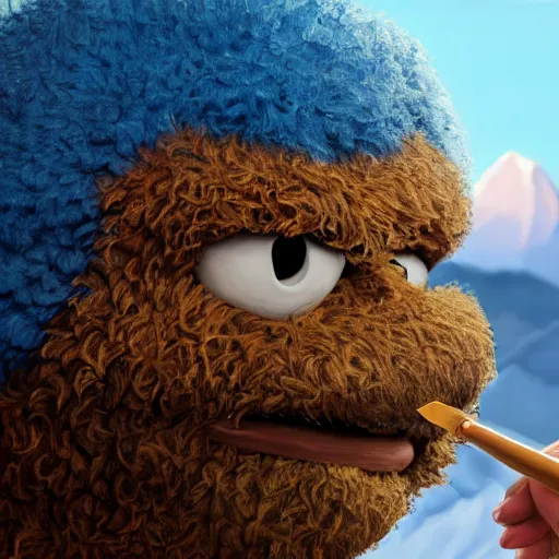 Image similar to a closeup photorealistic photograph of bob ross working on a canvas painting of cookie monster. film still. brightly lit scene. mountains and trees. this 4 k hd image is trending on artstation, featured on behance, well - rendered, extra crisp, features intricate detail, epic composition and the style of unreal engine.