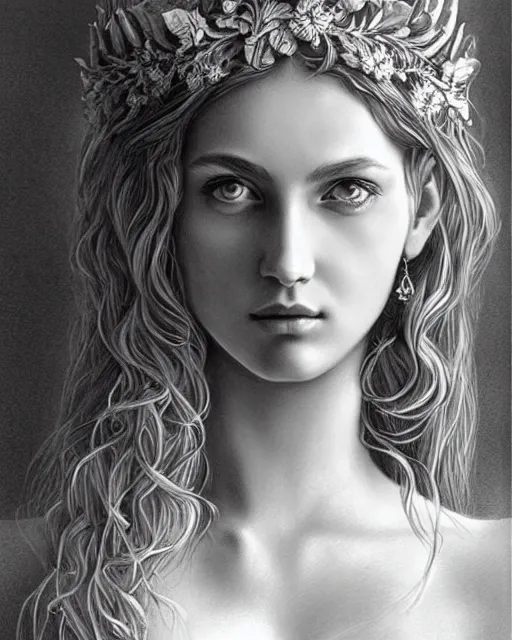 Image similar to pencil drawing of a beautiful greek goddess aphrodite wearing a laurel wreath and arrowhead earrings, beautiful confident eyes, beautiful flowing hair, hyper realistic face, in the style of greg rutkowski, fantasy, amazing detail, epic, elegant, smooth, sharp focus, from the front