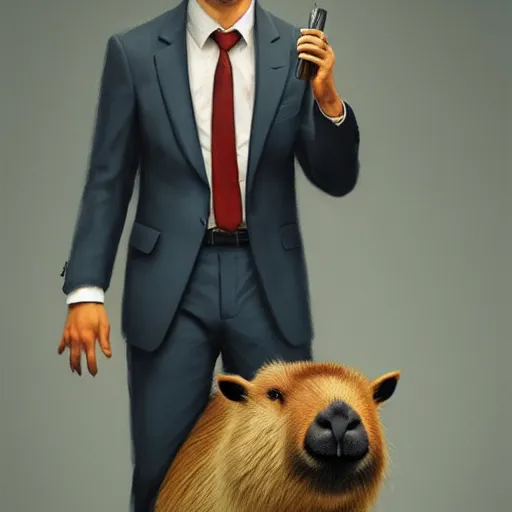 Image similar to a high quality photo of an antropomorphic capybara wearing a suit, 3d scene, render, ultra realistic, Greg Rutkowski, artstation, cgsociety, unreal engine