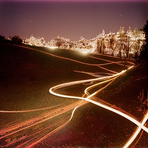 Image similar to long exposure night lansdscapes, 5 seconds shutter, Cinestill 800T