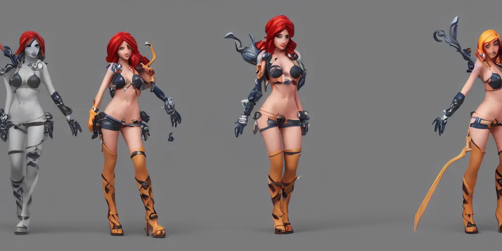 Image similar to Character sheet of pool party miss fortune (League of Legends). 3d, unreal engine 5, trending on artstation