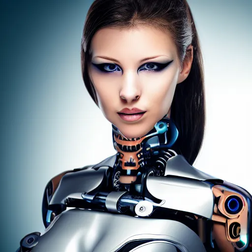 Prompt: portrait photo of a beautiful female cyborg, elegant
