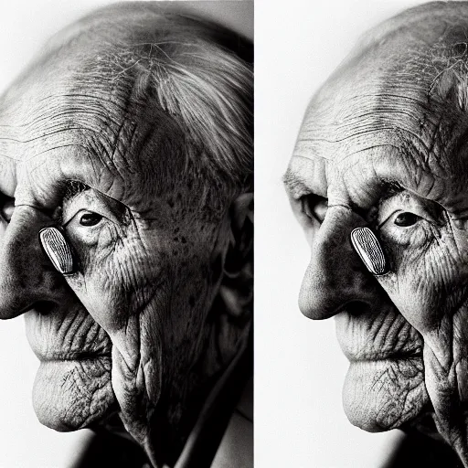 Prompt: color photo, cloes up portrait of a blind 100 year old war veteran by richard avedon, realistic, Leica, medium format, cinematic lighting, parallax, high resolution,