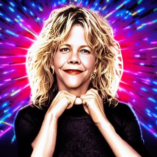 Prompt: Meg Ryan with rainbow Lazer beams coming out of her eyes, very detailed