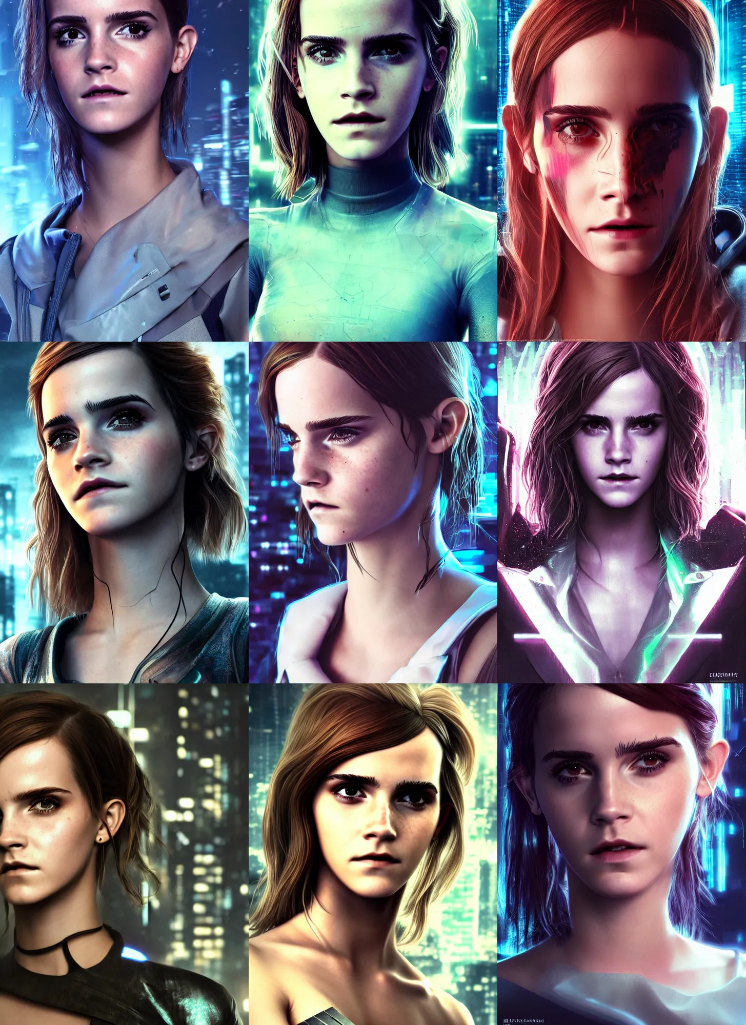 Prompt: cyberpunk portrait of beautiful cyber Emma Watson, beautiful Emma Watson, cyberpunk, photorealistic, octane render, beautiful eyes, 35mm, coherent, intricate, 4k, intricate details, concept art, studio lighting, trending or artstation, award winning, hyperrealistic, 8k, hd