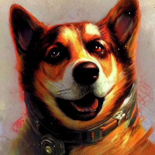 Prompt: a portrait of soviet space dog, artwork by gaston bussiere, craig mullins, trending on artstation, breed corgi and doodle mix, text bodly, where no dog has gone before