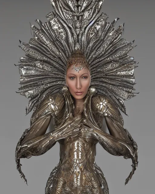 Image similar to a highly detailed metahuman 4 k close up render of an alien goddess bella hadid monument indian sculpture in iris van herpen dress schiaparelli in diamonds crystals swarovski and jewelry iridescent in style of alphonse mucha gustav klimt trending on artstation made in unreal engine 4