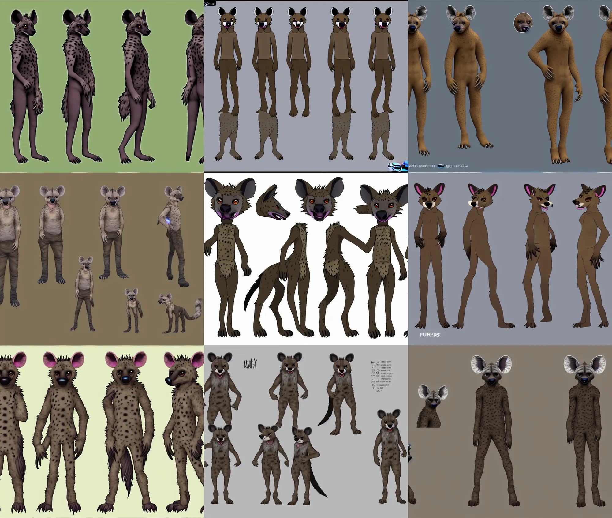 Prompt: a furry hyena fursona three - view fursuit reference sheet commission, insane ultrahigh - resolution ( uhd ), trending on weasyl