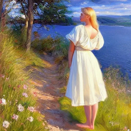 Prompt: blonde woman, nightgown, swedish countryside, archipelago, morning, masterpiece, highly detailed, beautiful, atmospheric, impressionism, painting by Vladimir Volegov