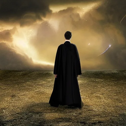 Image similar to Harry potter standing and casting a short wand, back view, thunderclouds, cinematic shot, wide shot, epic scale, waving robe movement, photorealistic detail and quality, intricate ground stone, magical sigils, floating particle effects, movie still, nighttime, crescent moon, sharp and clear, action shot, intense scene, visually coherent, symmetry, rule of thirds, movement, photorealistic colors, cool colors transitioning to warm colors, modest tone, award winning, directed by Steven Spielberg, Christopher Nolan, Tooth Wu, Asher Duran