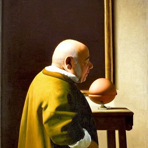 Image similar to danny devito standing next to a chair shaped like an egg, renaissance painting by vermeer