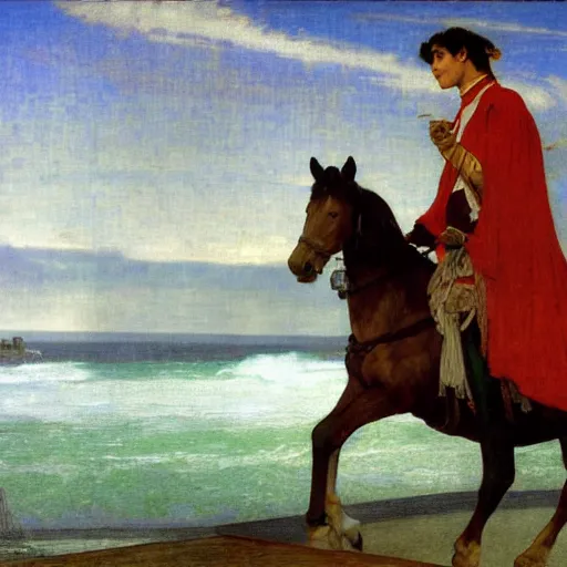 Image similar to Magician riding a horse leaving the castle through the bridge, thunderstorm, beach ocean on the background major arcana sky, by paul delaroche, alphonse mucha, arnold böcklin,hyperrealistic 8k, very detailed, portrait