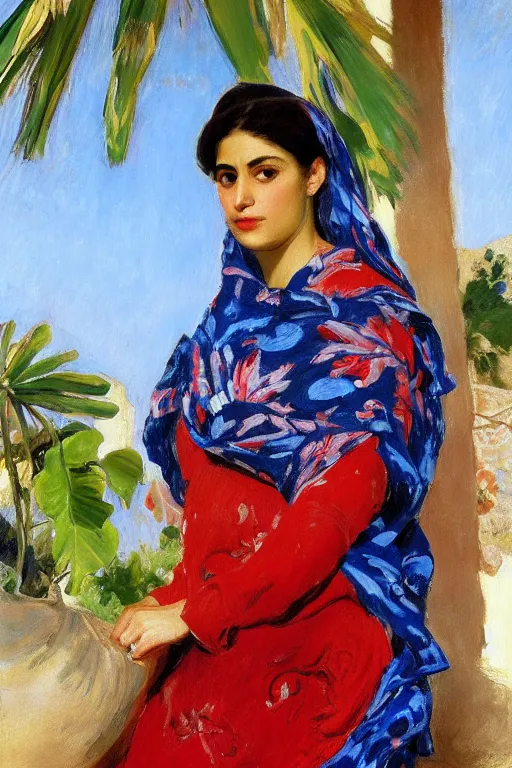 Image similar to portrait of persian girl with arabesque red and blue detailed scarf near bougainvillea and mexican fan palms, painting by john singer sargent