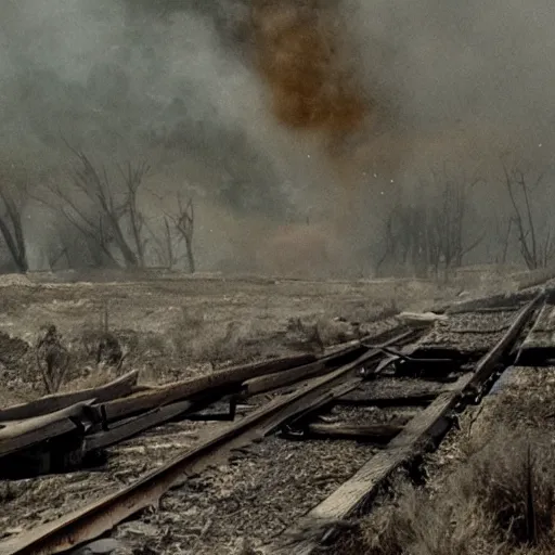 Prompt: trainwreck, boxcar on fire, atmospheric and depressed, post-apocalyptic, Cinematic, film still from a horror movie