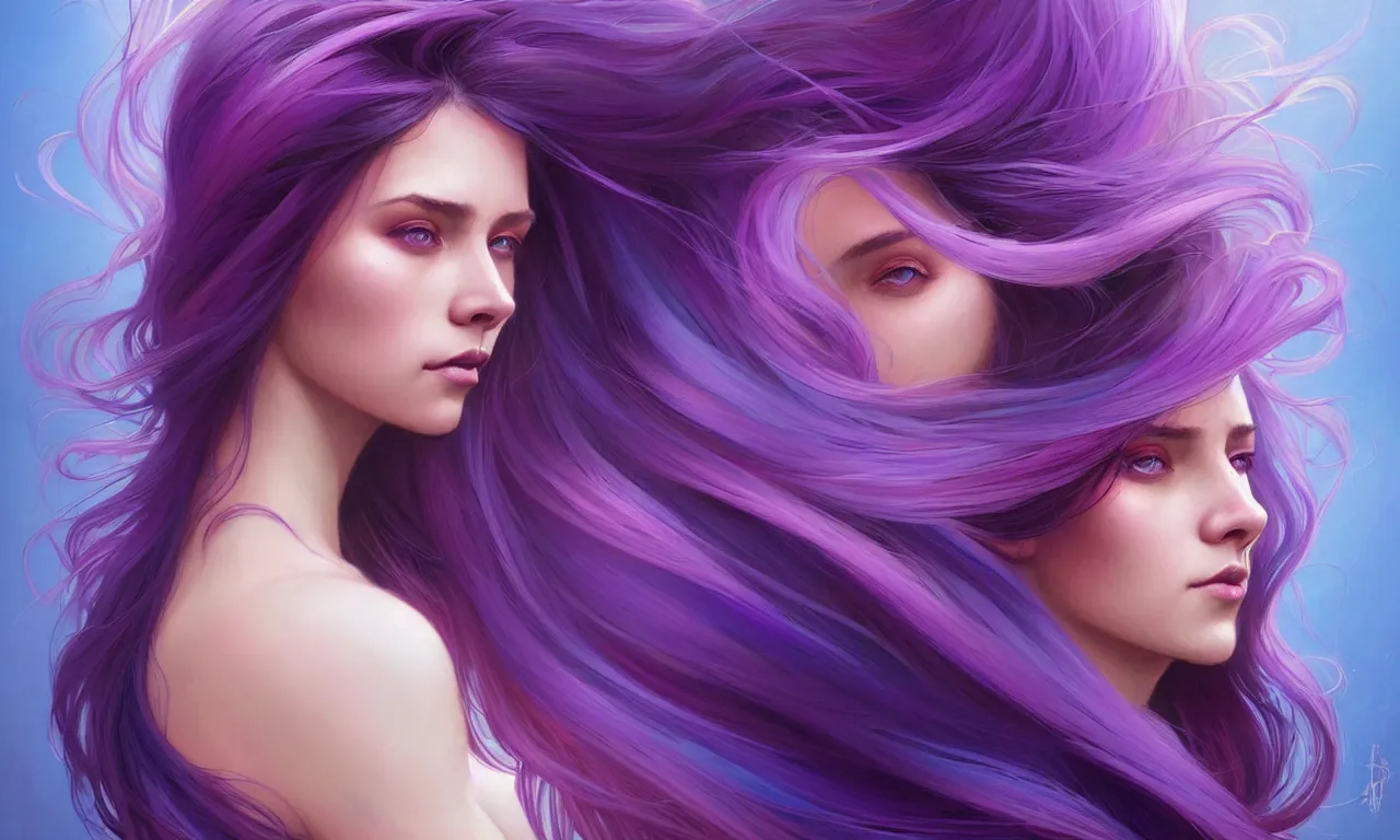 Image similar to Portrait of a woman with bright colored flying hair, all shades of purple. Hair coloring, amber eyes, face, long hair, fantasy, intricate, elegant, highly detailed, digital painting, artstation, concept art, smooth, sharp focus, illustration, art by artgerm and greg rutkowski and alphonse mucha