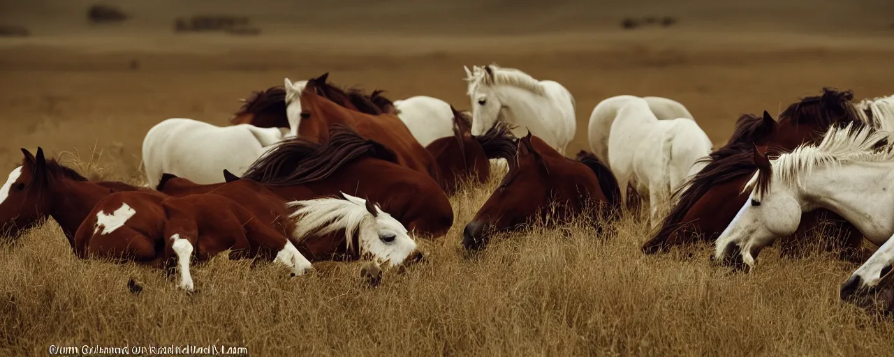 Image similar to wild horses sleeping on top of spaghetti, in a field, in the style of national geographic, canon 5 0 mm, film, kodachrome, retro, muted