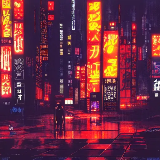 Prompt: high detailed lost soul in cyberpunk rainy city at night with a torii in the background by Syd Mead, high quality, 4K, UHD, trending on ArtStation, blade runner vibes, ghost in the shell, akira