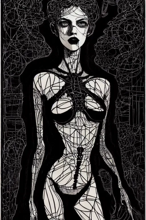 Prompt: dreamy gothic girl, black leather slim clothes, impressive and unprincipled, wonderful slim body, detailed acrylic, grunge, intricate complexity, by dan mumford and by alberto giacometti, peter lindbergh