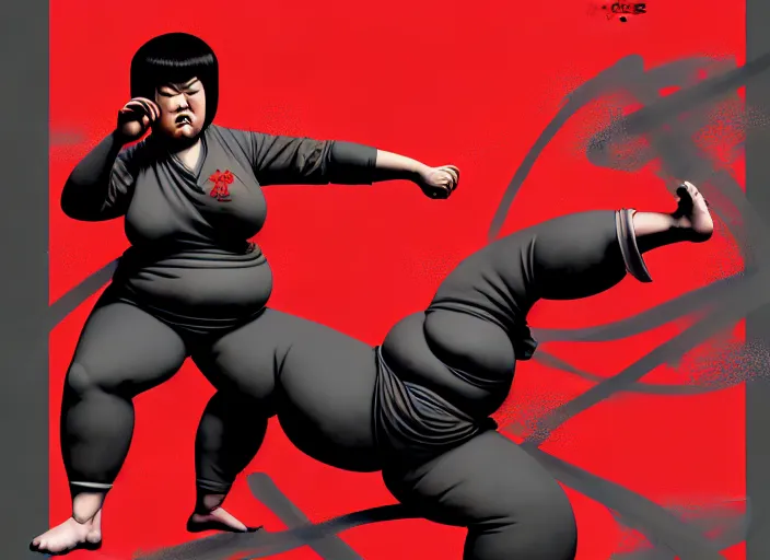 Image similar to duotone red gray illustration 3 / 4 portrait of fat woman fighting bruce lee style. dynamic chaotic composition random golden renaissance proportion. by takato yamamoto, sachin teng, sergei wheelsov, ruan jia and heng z. graffiti art, scifi, sci - fi, hyper detail. octane rendering. concept art. trend on artstation