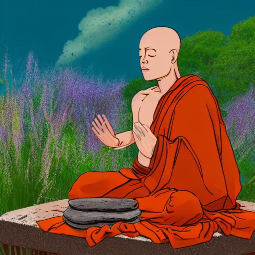 Prompt: slightly rusty robot monk in orange robes meditating in front of a worn stone shrine on a hilltop with wildflowers, digital illustration