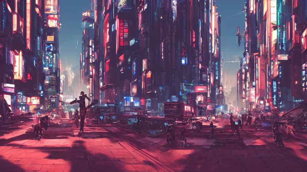 Prompt: cyberpunk city street with many people and robots of different heights, tokyo, volumetric lighting, fight happening, trending artstation, unreal engine 5, matte painting, atmospheric perspective, huge depth of field, by syd mead, dreadjim, fengzhu