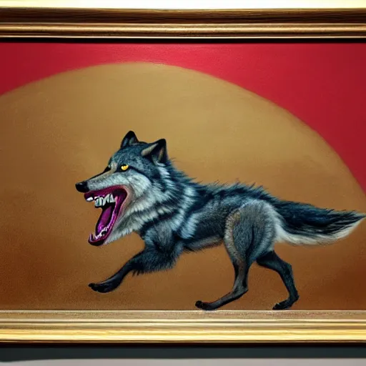 Image similar to this painting depicts a feral, screaming, wolf as it runs at great speed toward the viewer. behind it, across a cityscape, there is another smaller wolf in red, with its tongue hanging out. the sky behind the pair is a brilliant yellow - green.