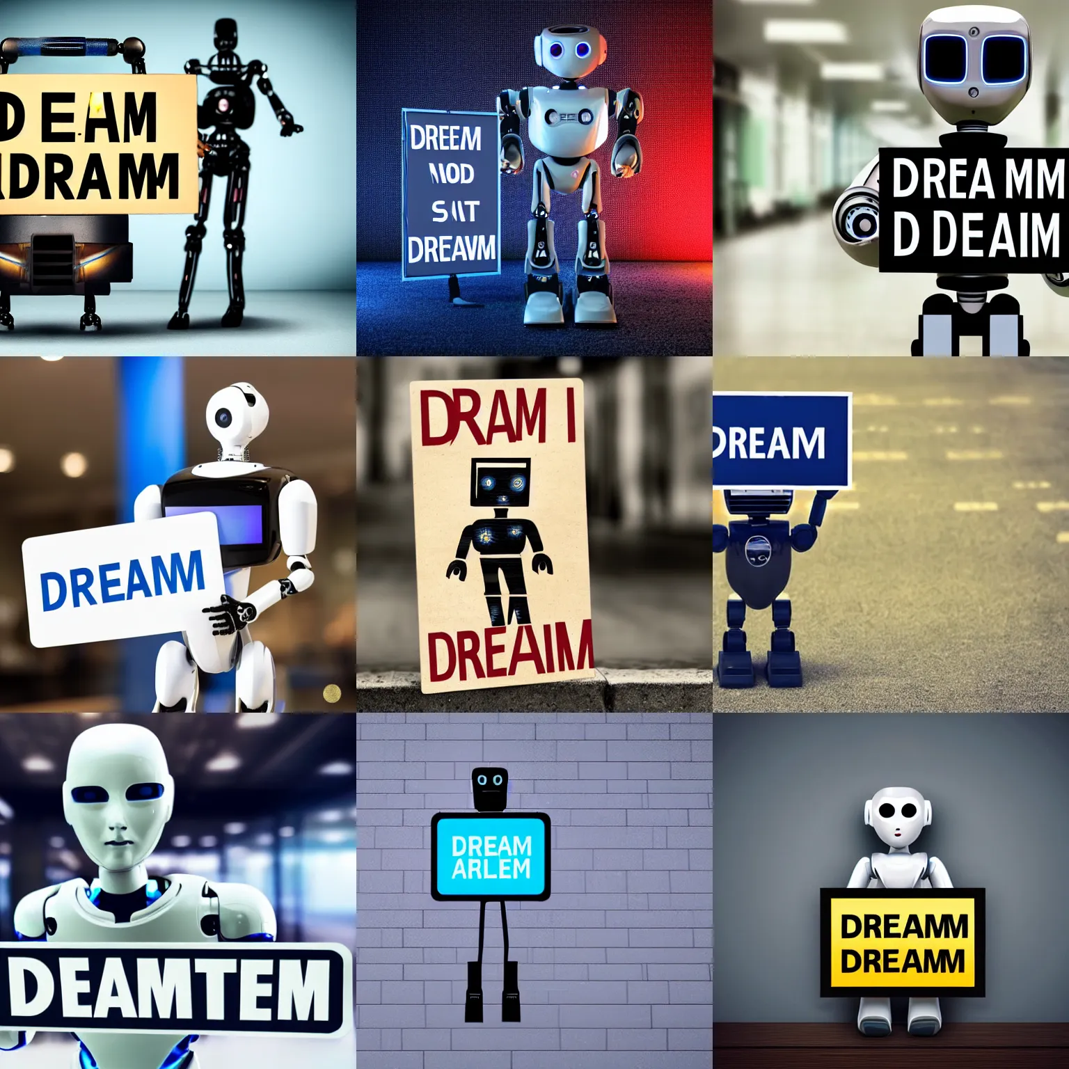 Image similar to artificial intelligence robot holding a sign with text that reads : dream