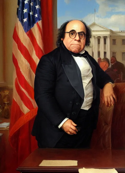 Image similar to portrait of the united states president, 1 8 6 7, danny devito. standing in the oval office. oil on canvas by william sidney mount, trending on artstation