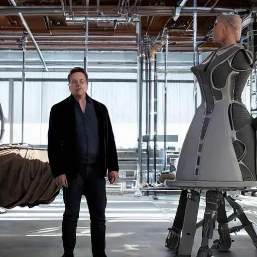 Image similar to Elon Musk standing over Delores from Westworld being created