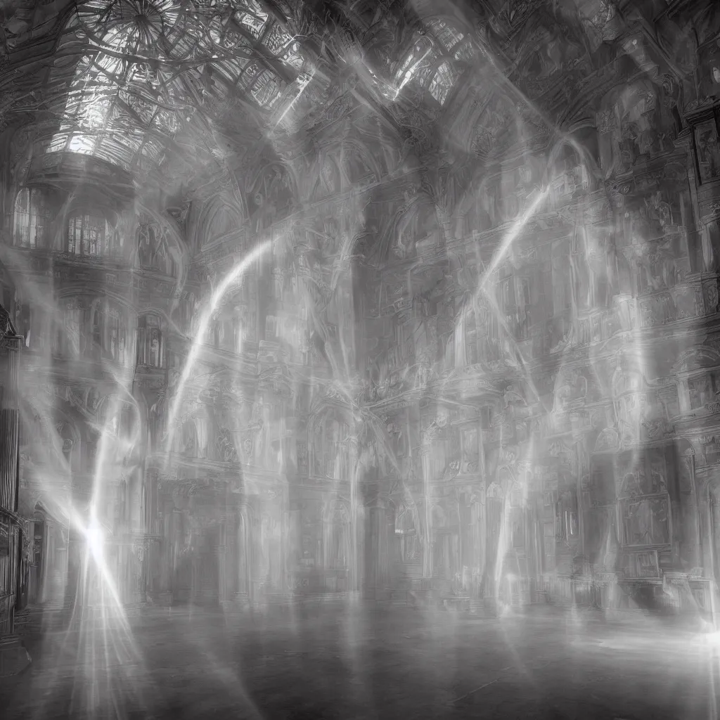 Image similar to rainbow caustics spirit in the central hall of a Victorian mansion, wide shot, dim lighting, light rays, volumetric lighting, silver plate photography, ghost