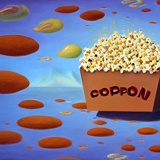 Image similar to a surrealist painting of a world made out of food with popcorn rain and chocolate ponds, in the style of pixar, animation