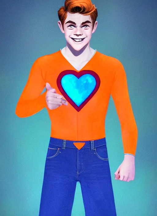 Image similar to friendly teenage archie andrews wearing an orange superhero costume with heart logo, heart, orange costume, blue cape, freckles, cape, heart emblem on chest, heart, blue cape, intricate, elegant, glowing lights, highly detailed, digital painting, artstation, sharp focus, illustration, art by wlop, mars ravelo and greg rutkowski