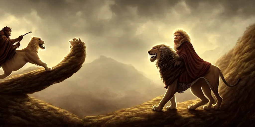 Prompt: a hooded wise old man ( long white beard wearing a brown hooded tunic ) riding a lion, majestic, epic digital art, cinematic, trending on artstation, superb detail 8 k, wide - angle, masterpiece