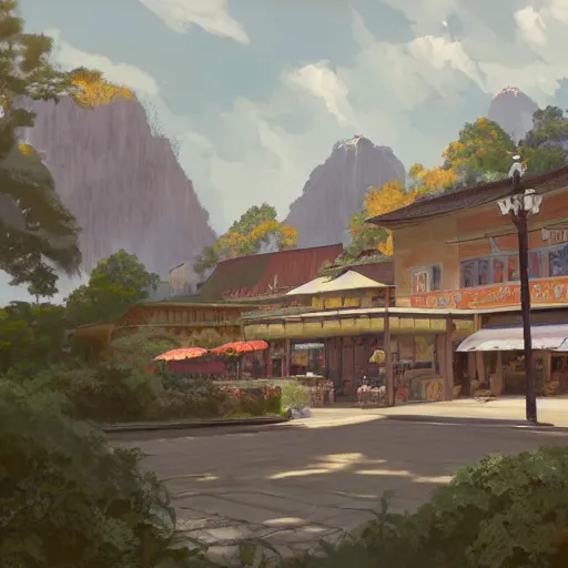 Prompt: concept art painting of a historic bakery with european and japanese architecture, surrounded by trees and mountains, realistic, detailed, cel shaded, in the style of makoto shinkai and greg rutkowski and james gurney