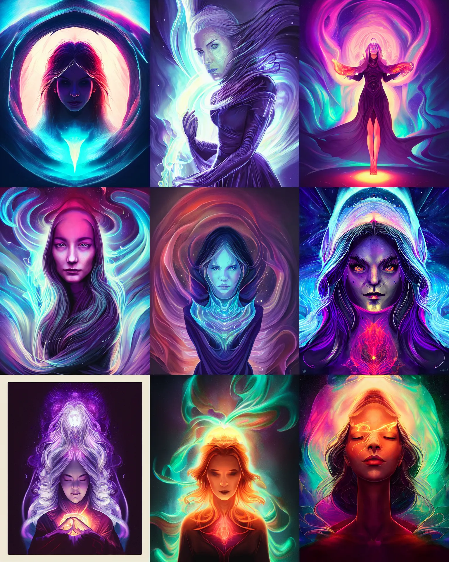 Prompt: draconic priestess of shadows, liquid smoke twisting, portrait, ethereal, nebula aura, artgerm, dan mumford, alena aenami, radiant halo of light