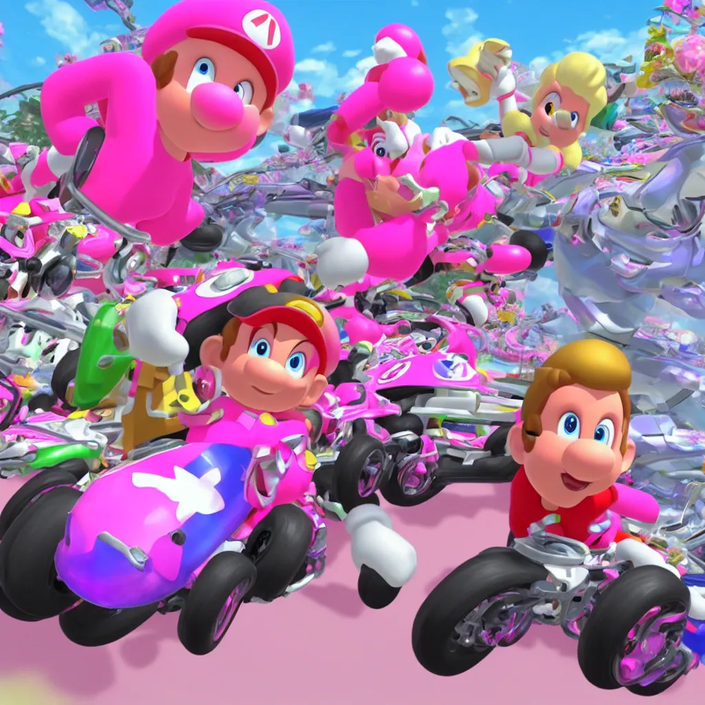 Prompt: race as pink fong in mario kart 8 deluxe