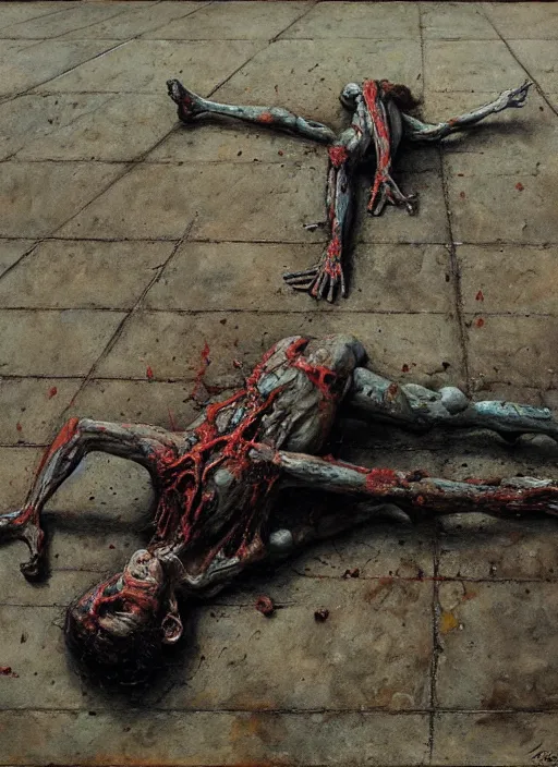 Prompt: painting of disturbing saul goodman lying on concrete ground, decrepit, corpse-like, by jon hale, beksinski, giger