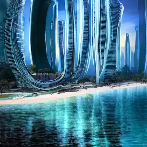 Image similar to a beautiful futuristic city near the beach