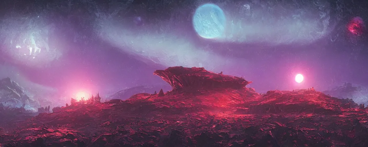 Image similar to ” outer planet landscape at pitchblack night, [ cinematic, detailed, epic, widescreen, opening, establishing, mattepainting, photorealistic, realistic textures, octane render, art by paul lehr ] ”