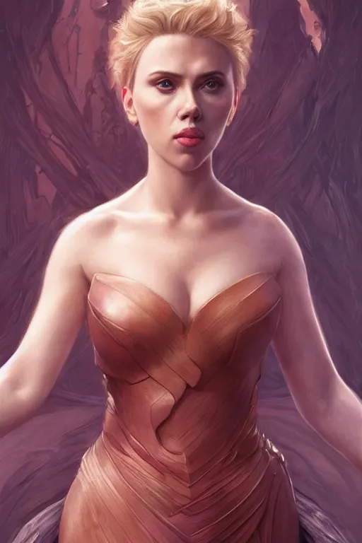 Prompt: Scarlett Johansson wearing the Outfit of GWYNEVERE, anatomy, only two hands, highly detailed, digital painting, artstation, concept art, smooth, sharp focus, illustration, Unreal Engine 5, 8K, art by art by artgerm and greg rutkowski and edgar maxence