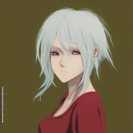 Image similar to “ realistic portrait of an anime girl with white hair, noisy film grain texture, three quarter angle, yoshitaka amano color palette ”