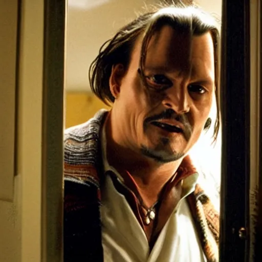 Image similar to Johnny Depp plays Jack Torrance in Shining, he is smashing through the door