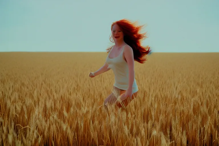 Prompt: voluptuous redhead girl running through the wheat field, soft light, 35mm film