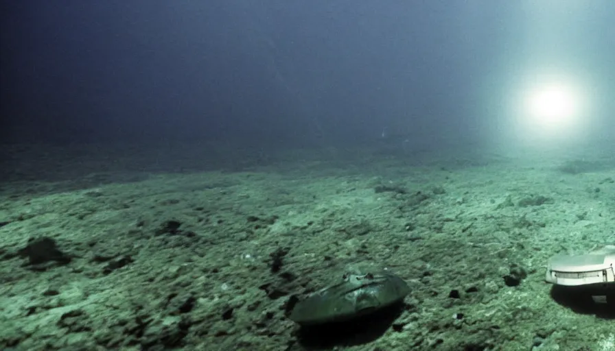 Image similar to Big budget horror movie, underwater exterior wide shot, a submarine approaches an underwater biolab