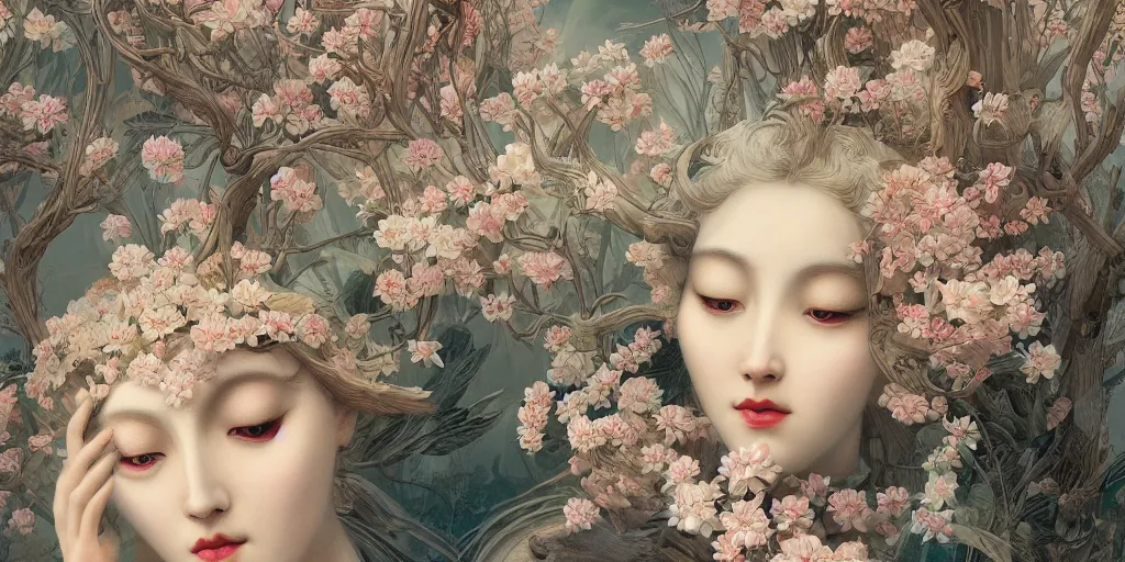 Image similar to breathtaking detailed concept art painting art deco pattern of blonde faces goddesses amalmation flowers with anxious piercing eyes and blend of flowers and birds, by hsiao - ron cheng and john james audubon, bizarre compositions, exquisite detail, extremely moody lighting, 8 k