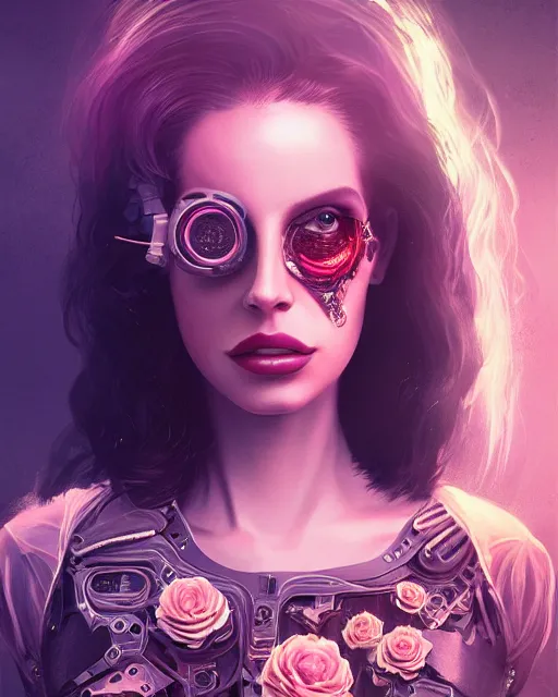 Image similar to portrait of lana del rey as a cyberpunk cyborg. roses, sci - fi, intricate abstract, upper body, intricate artwork, by tooth wu, wlop, beeple, dan mumford. concept art, 8 k octane render, deviantart, greg rutkowski, cinematic, key art, hyperrealism, iridescent accents