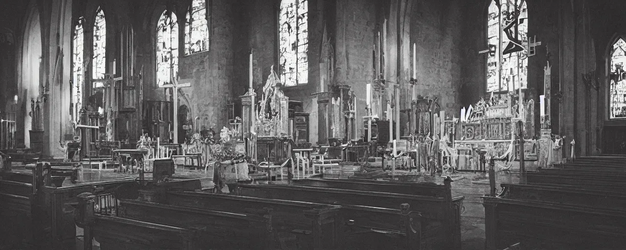 Image similar to interior of a church with a large cross on the podium covered in spaghetti, worshippers in the pews in the background, canon 5 0 mm, cinematic lighting, photography, retro, film, kodachrome, closeup