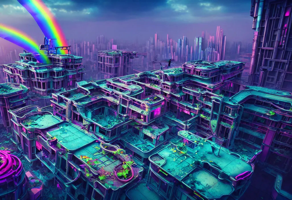 Prompt: A highly detailed crisp unreal engine render of aerial drone photo of A beautiful futuristic cyberpunk abandoned city building with neon, plants, perfect well made rainbow on the sky, sunlight breaking through clouds, debris on the ground, abandoned machines bright warm colors by wangchen-cg, 王琛,Neil blevins, artstation