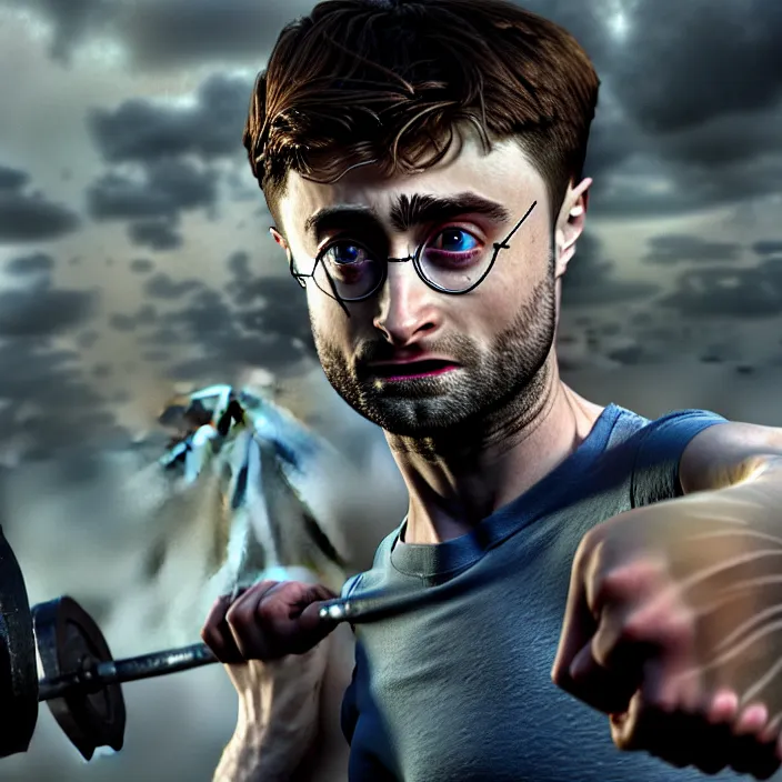 Prompt: hyperrealistic mixed media rendering of Daniel Radcliffe as Harry Potter doing barbell back squats, dingy gym, wearing a muscle tee shirt, stunning 3d render inspired art by P. Craig Russell and Barry Windsor-Smith + perfect facial symmetry + dim volumetric lighting, 8k octane beautifully detailed render, post-processing, extremely hyperdetailed, epic composition, grim yet sparkling atmosphere, cinematic lighting + masterpiece, trending on artstation